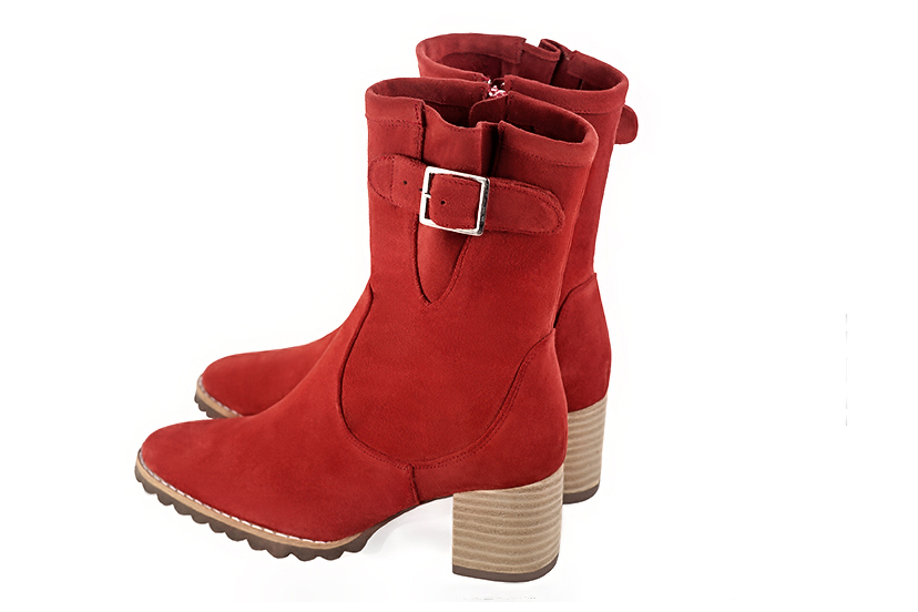 Scarlet red women's ankle boots with buckles on the sides. Round toe. Medium block heels. Rear view - Florence KOOIJMAN